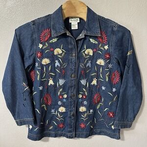 Quacker Factory Jean Jacket Size Large Denim‎ Beaded Embroidered Floral Blue